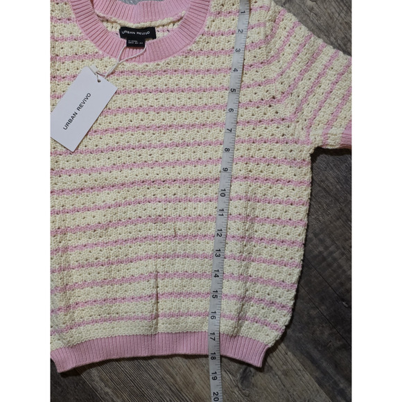 URBAN REVIVO Womens XS Striped Knit Top Pink White 100% Cotton Crochet NWT - Picture 3 of 7
